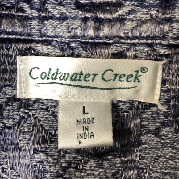Coldwater CREEK -Cotton Damask Blue Open Front Round Neck Jacket - Size Large - Picture 4 of 6